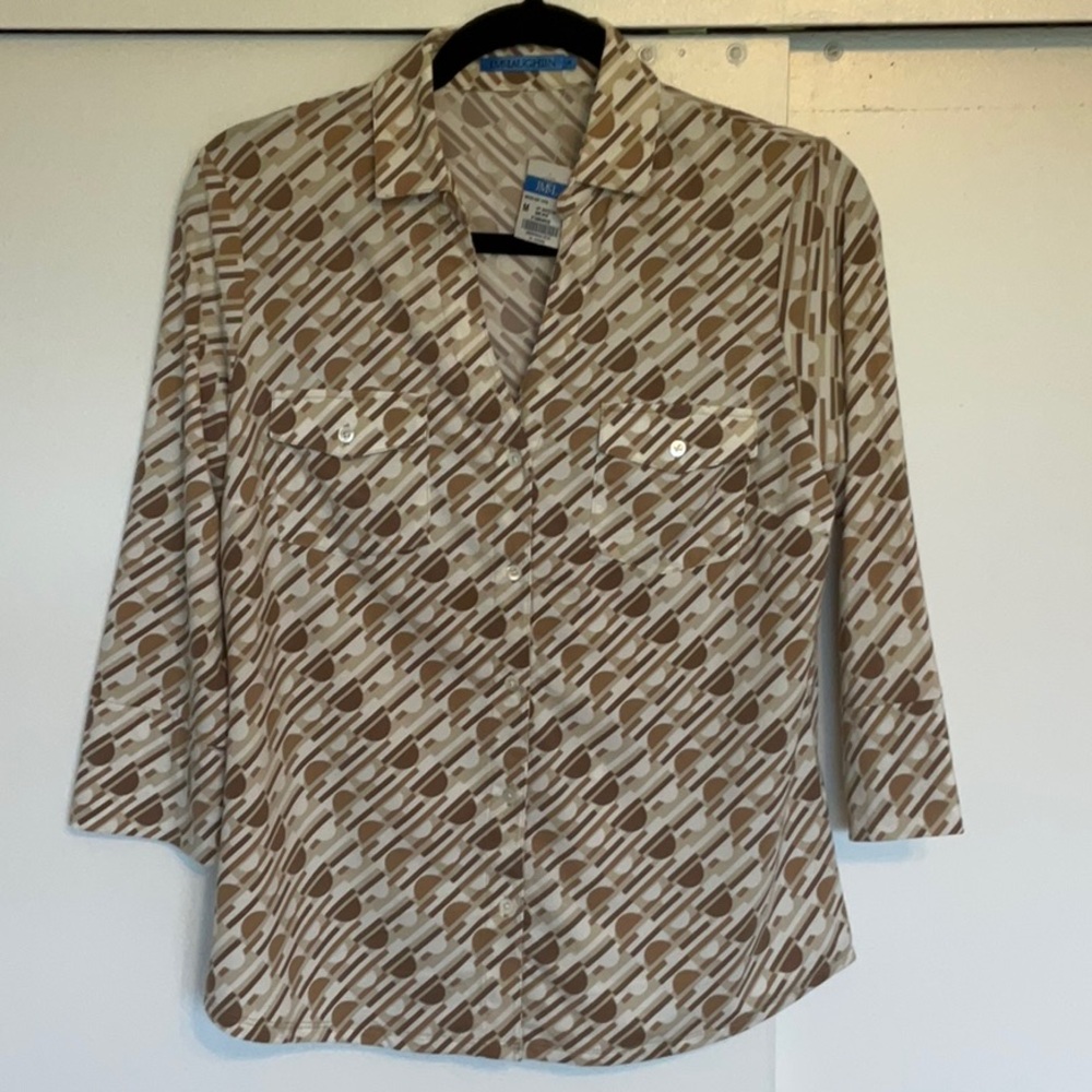 NWT J. McLaughlin Brown and Cream Brynn Knit Top with Notched Collar